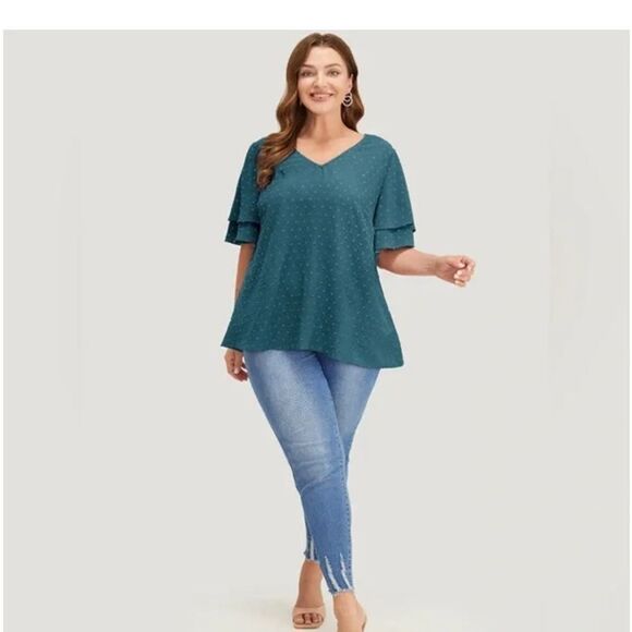 BloomChic Swiss chenille dot v neck top w/double ruffle flutter sleeve sz 18-20 - Picture 2 of 11